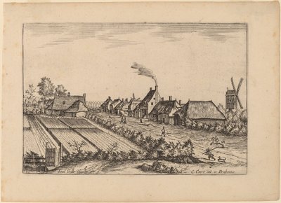Campi e una strada di villaggio con mulino a vento da Johannes van Doetechum, the Elder and Lucas