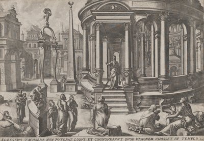 Zaccaria che esce dal tempio, dalla serie Eventi dentro e intorno al tempio, ca. 1572. Creatori: Johannes van Doetecum I, Lucas van Doetecum da Johannes and Lucas van Doetecum