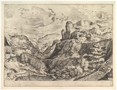 Paesaggio alpino con una valle profonda da I grandi paesaggi, ca. 1555-56 da Johannes van Doetecum I