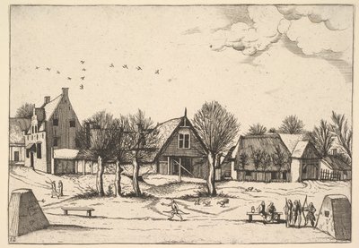 Villaggio di campagna, arcieri in primo piano da Multifariarum casularum ruriumque linea..., 1559-61 da Johannes van Doetecum I