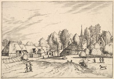 Villaggio di campagna con torre della chiesa da Multifariarum casularum ruriumque lineamenta cur..., 1559-61 da Johannes van Doetecum I