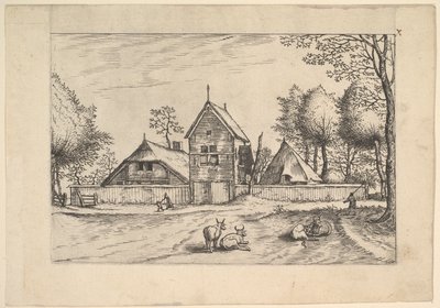 Fattoria, mucche e mandriano in primo piano da Praediorum villarum et rusticar..., ca. 1559-61 da Johannes van Doetecum I