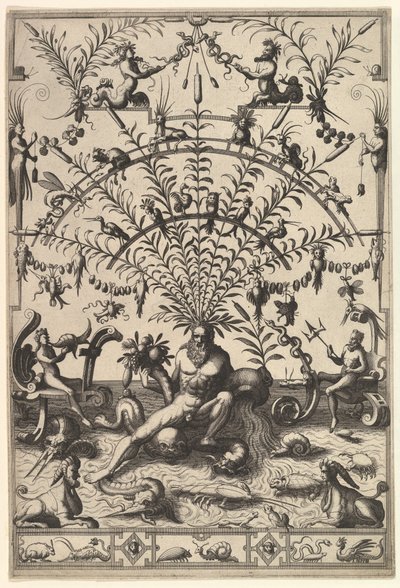 Decorazione Grottesca Moderna con un Dio del Fiume, 1557 da Johannes van Doetecum I