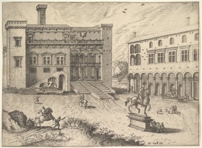 Veduta del Campidoglio sul Colle Capitolino, con statua equestre in basso a destra, 1562 da Johannes van Doetecum I