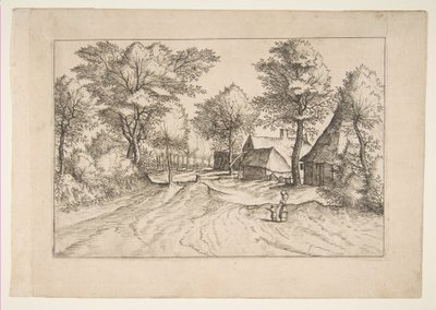 Strada del villaggio con una fattoria e capannoni, dalla serie, I piccoli paesaggi Multifariaru... da Johannes van Doetecum I