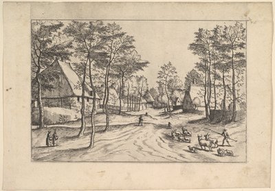 Strada del villaggio, bestiame, pecore e mandriano in primo piano da Praediorum villar..., ca. 1559-61 da Johannes van Doetecum I