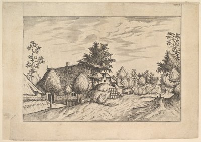 Strada del villaggio, fieno impilato davanti a una fattoria da Praediorum villarum et rusticar..., ca. 1559-61 da Johannes van Doetecum I