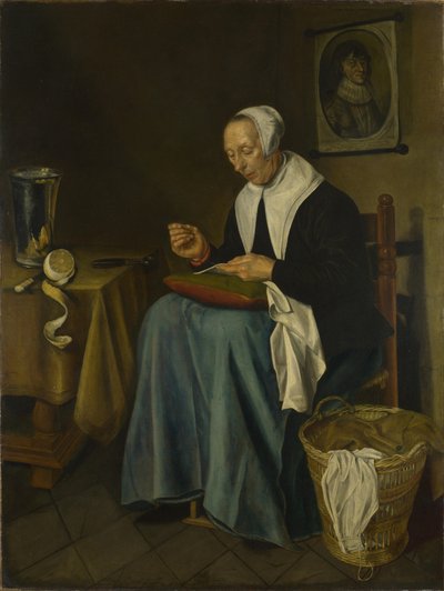 Una vecchia donna seduta a cucire, 1655 da Johannes van der Aeck