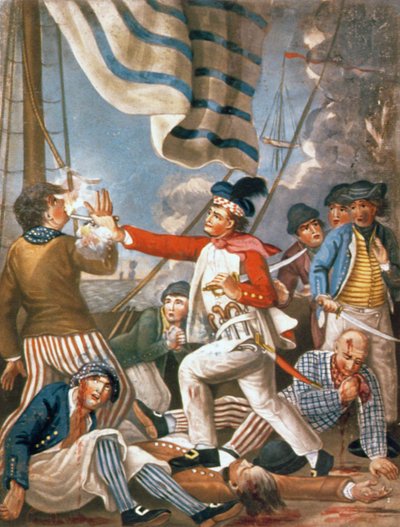 John Paul Jones che spara a un marinaio che aveva tentato di ammainare i colori in un combattimento, pub. da Carrington Bowles da John (after) Collet