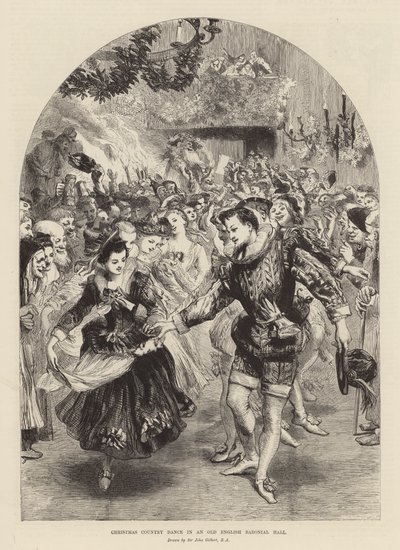 Danza natalizia di campagna in una vecchia sala baronale inglese (incisione) da John (after) Gilbert