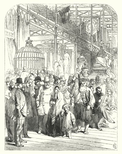 Espositori e visitatori nel Crystal Palace, Hyde Park, Londra, sede della Grande Esposizione del 1851 (incisione) da John (after) Gilbert