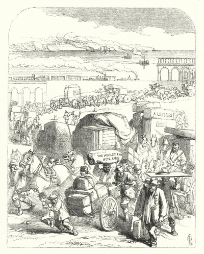Navi e treni che portano visitatori alla Grande Esposizione del 1851, Crystal Palace, Hyde Park, Londra da John (after) Gilbert