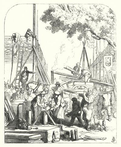 Operai sul sito del Crystal Palace, Hyde Park, Londra, sede della Grande Esposizione del 1851 da John (after) Gilbert