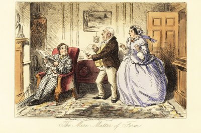 Gentiluomo inglese che si rilassa in un salotto davanti al camino con i suoi genitori indignati da John (after) Leech