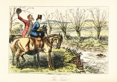 Cacciatore inglese e signora osservano una volpe attraversare un fiume da John (after) Leech
