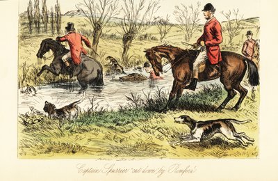 Cacciatore inglese che attraversa un fiume con cani da caccia da John (after) Leech