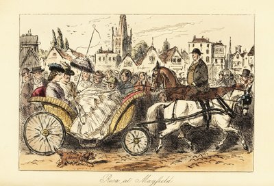 Signora inglese in abito crinolina con parasole guida un carretto trainato da pony per le strade affollate di una piccola città da John (after) Leech
