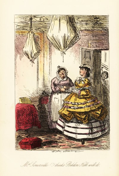 Signora inglese che osserva una stanza elegante con mobili coperti e lampadari in palloncini di brown-holland da John (after) Leech