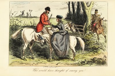 Gentiluomo su un vecchio cavallo e signora su un pony si incontrano durante una caccia alla volpe da John (after) Leech