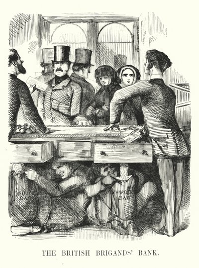 Cartone animato Punch: La Banca dei Briganti Britannici - corruzione bancaria e il crollo della Royal British Bank da John (after) Leech