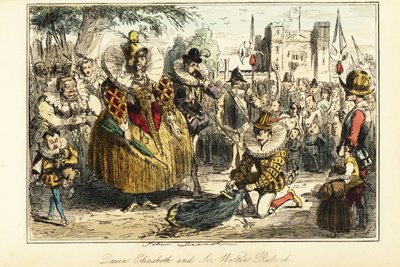 Sir Walter Raleigh che stende il suo mantello su una pozzanghera per la regina Elisabetta I a Greenwich da John (after) Leech