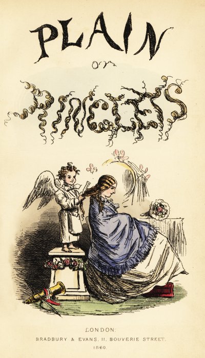 Pagina del titolo con titolo calligrafico e vignetta di cherubino alato parrucchiere che spazzola i capelli di una ragazza con un pettine da John (after) Leech