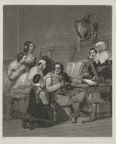 La famiglia di Cromwell che intercede per la vita di Carlo I, stampa di Alfred Johannot da John (after) Sartain