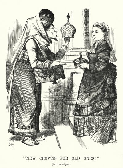 Cartone animato di Punch: Nuove Corone per Vecchie. Benjamin Disraeli (come Aladino) con la Regina Vittoria - il Royal Titles Act 1876 che riconosce la Regina come Imperatrice dell