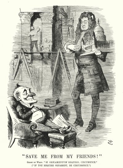 Cartone animato Punch: Salvami dai miei amici - il fantasma di Sir Christopher Wren e la decorazione della Cattedrale di St Paul, Londra da John (after) Tenniel