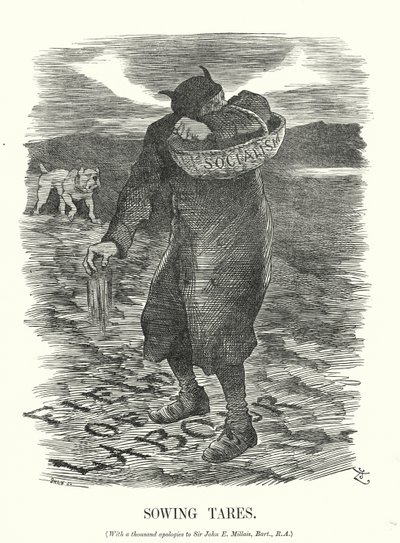 Vignetta di Punch: Seminare zizzania - la paura della diffusione del socialismo tra i lavoratori britannici (incisione) da John (after) Tenniel