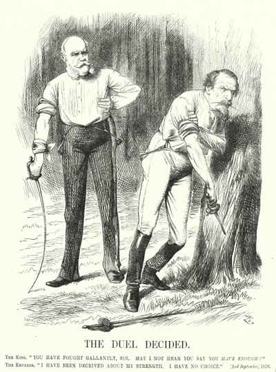 Cartone animato di Punch: Il duello deciso - la sconfitta della Francia nella guerra franco-prussiana da John (after) Tenniel