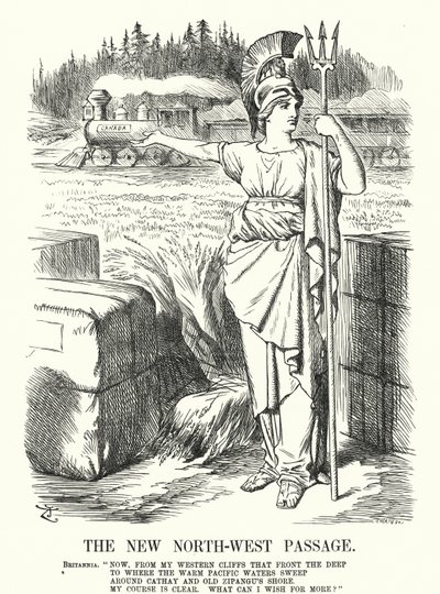Vignetta di Punch: Il Nuovo Passaggio a Nord-Ovest - la Canadian Pacific Railway (incisione) da John (after) Tenniel