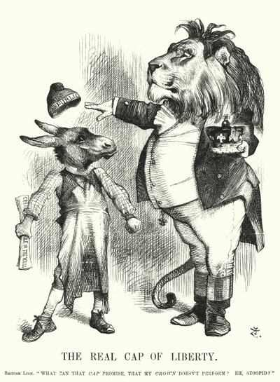 Cartone animato Punch: Il vero cappello della libertà - la superiorità della monarchia costituzionale britannica sul repubblicanesimo (incisione) da John (after) Tenniel