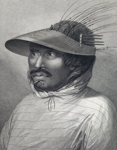 Ritratto di un uomo di Oonalashka (o Unalaska, Alaska, Stati Uniti). Incisione della fine del XVIII secolo, di William Sharp (?), dopo John Webber (1751-1793). da John (after) Webber