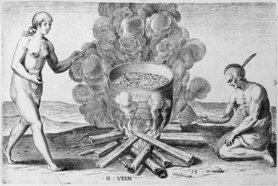 Cucinare in una pentola, incisione di Gysbert van Veen (1562-1628) da John (after) White