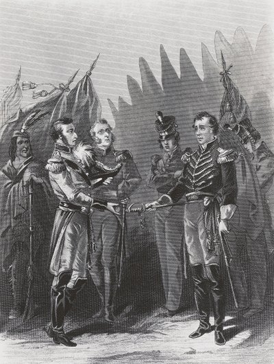 La resa del generale americano William Hull alle truppe britanniche e ai guerrieri nativi americani a Detroit, 15 luglio da Walter Charles Mills