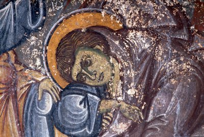 Figura di santo, di Ioannis Pagomenos, dettaglio di affresco nella chiesa bizantina di San Giorgio, Anidri, Creta, Grecia da Walter Charles Mills