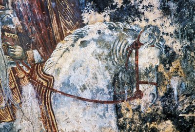 Cavallo, affresco danneggiato sul soffitto della chiesa di Agios Vasileios, Vavouledo, Creta, Grecia da Walter Charles Mills