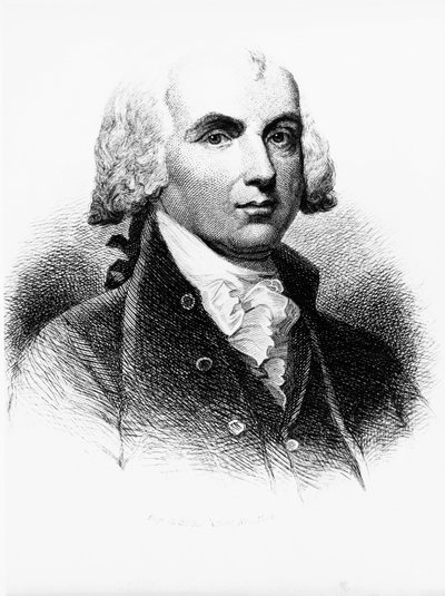 Ritratto di James Madison (1751-1836), Padre Fondatore, politico americano, 4° Presidente degli Stati Uniti dal 1809 al 1817, e uno dei padri della Costituzione, incisione da Walter Charles Mills