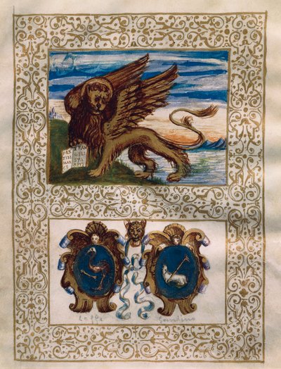 Il leone alato di Venezia e gli stemmi di Leffe e Gandino, miniatura dal Privilegio della Serenissima alla Val Gandino, 18 giugno da Walter Charles Mills