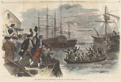 Il Boston Tea Party - Distruzione del tè nel porto di Boston, 16 dicembre 1773, da Ballous Pictorial Drawing-Room Companion pub. 1865 da John Andrew