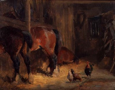 Interno di una stalla con cavalli e galline da John Atkinson