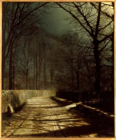 J.A.Grimshaw, Strada al chiaro di luna con due amanti vicino a un cancello / Gem. da John Atkinson Grimshaw