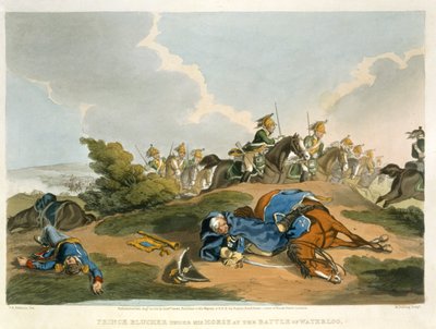 Il principe Blucher sotto il suo cavallo alla battaglia di Waterloo, inciso da Matthew Dubourg da 