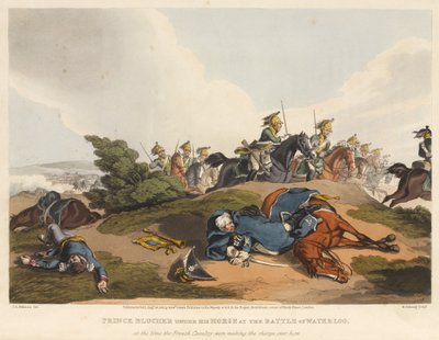 Il principe Blucher sotto il suo cavallo alla battaglia di Waterloo, al momento della carica della cavalleria francese, inciso da M. Dubourg, 1819 da John Augustus Atkinson