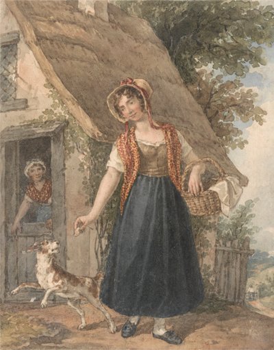 Giovane Donna con Cane Fuori da una Porta di Cottage da John Augustus Atkinson