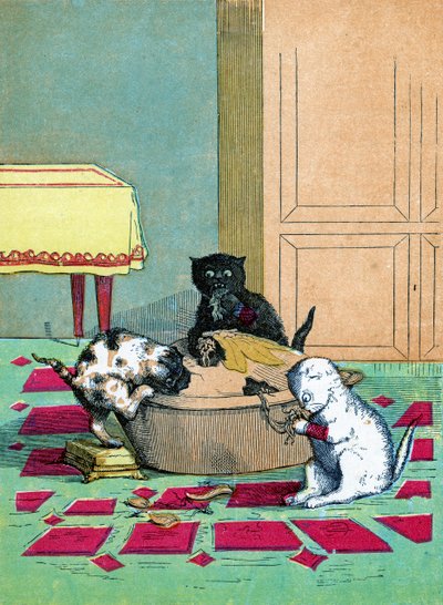 Tre gattini con i guanti che mangiano una torta, illustrazione da "Tre gattini" da John Ballantyne