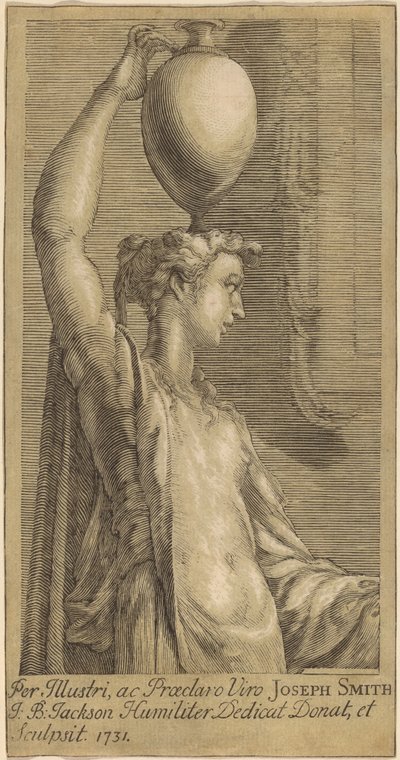 Donna in piedi con un vaso sulla testa da John Baptist Jackson, after Parmigianino