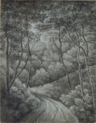Paesaggio con un sentiero attraverso una foresta e un tempio classico da John Baptist Malchair