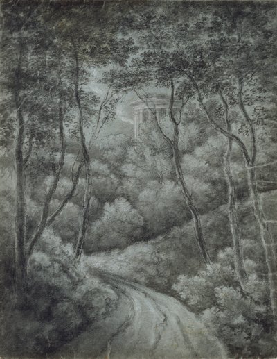 Paesaggio con un sentiero attraverso una foresta e un tempio classico, fine XVIII secolo da John Baptist Malchair